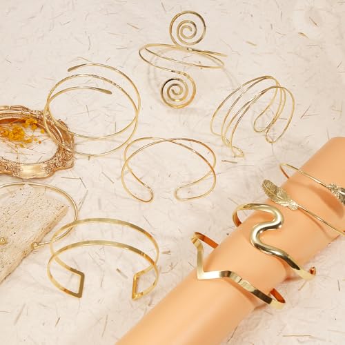 BROCC 9PCS Gold Arm Cuff Bangle Bracelets for Women Bangle Armband Coil Swirl Upper Armlet Arm Cuff Bracelets Simple Adjustable Armband Jewelry Set4