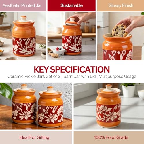 Image of Orange Mushroom Ceramic Handglazed Pickle Jars Set of 2-1000 ML Each | 1 kg Achaar Martban Barni Jar with Lid | Ceramic Storage Jar Container Pickle, Chatney