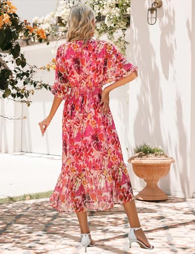 Meetrendi Women'S Spring Summer 2024 Floral Midi Dress A Line Chiffon Boho Dress Casual Short Sleeve Long Beach Dress Hotpink thumb #3
