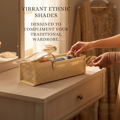 Image of Single R Rod Bangle Box Organizer for Women | Hard Board Chudi Storage Box with Removable Rods & Transparent Top Window | Jewellery Organizer | Beige | Set of 14