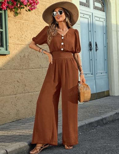 Womens Jumpsuits Short Sleeve V Neck Dressy Casual Wide Leg Pants Romper 2026 Summer One Piece Outfits - Image 3