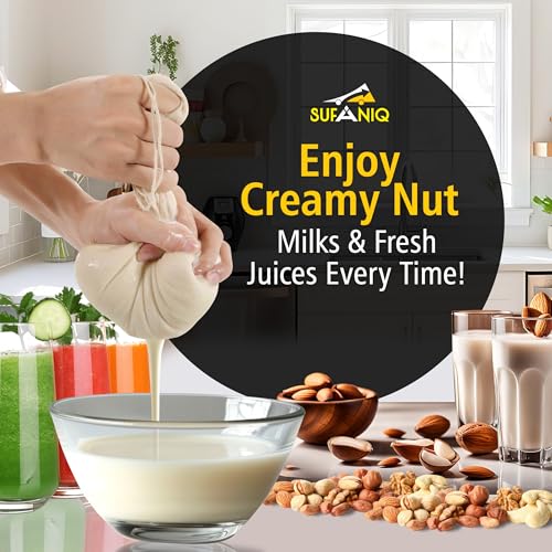 Image of SUFANIQ Nut Milk Bag - 4 Bags (12 x 12 Inch) 100% Unbleached Cotton Cheese Cloth Bag for Straining, Premium Nut Milk Bag Reusable, Nut Bag Strainer for Almond, Soy, Oat Milk, Juices, Cheese Making