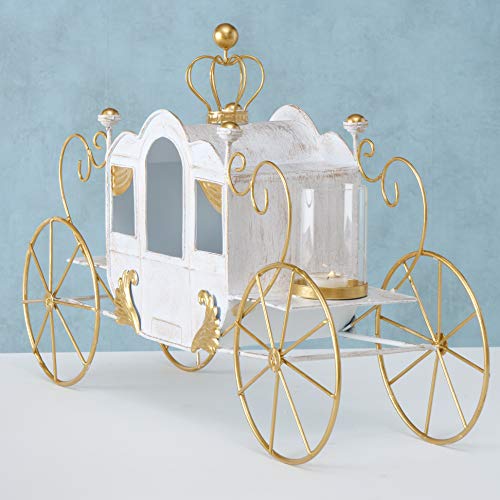 Cinderella Carriage Candle Holder, Princess Style Centerpiece, White And Gold Iron, Lacquered Details, Tealight Holders, Glass Sleeves, 25.5 L X 7.0 W X 16.25 H Inches (Not A Toy) #TOP3