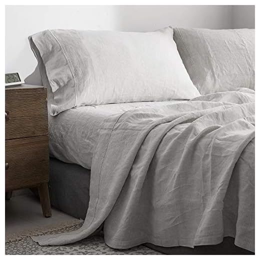 Simple&Opulence 100% Pure Linen Sheet Set King Size, Natural French Flax Solid Color 4 Pcs Washed Breathable, Farmhouse Bedding (1 Flat Sheet,1 Fitted Sheet,2 Pillowcases)-Embroidery Grey