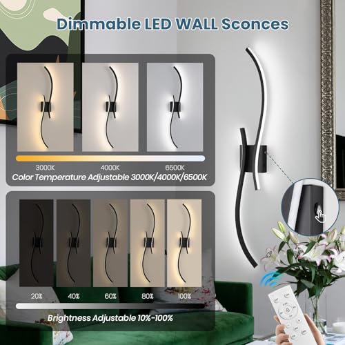 Image of Battery Operated Wall Sconce Set of 2, 18000mAh Black Rechargeable Wall Lights with Remote Control,3000K-6000K Dimmable LED Wireless Wall Light for Living Room Bedroom Hallway,39.3 Inch (Black)