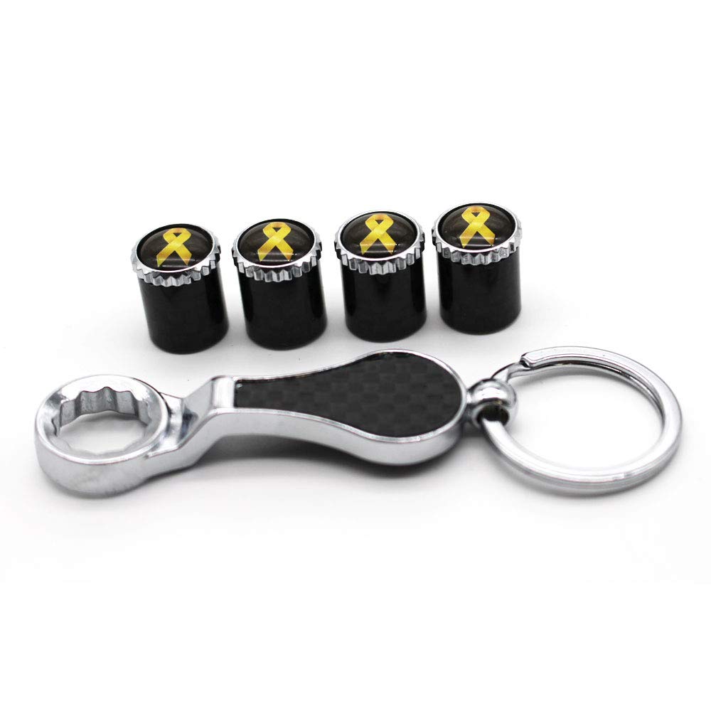 5pcs / Set Jaune Ruban Style Roue De Voiture Vannes De Pneu Pneumatique Bouchons De Valve De Pneu Tige Avec Clé Clé Anneau Clé