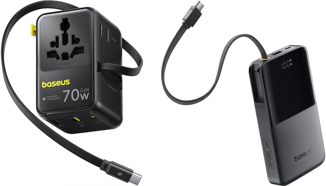 Universal Travel Adapter 70W& 22.5W Power Bank Built in USB-C Cable