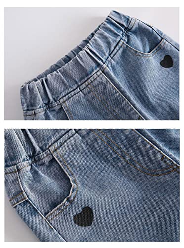Naber Kids Girls Lovely Heart Pattern Printed Denim Pants Elastic Waist Loose Straight Jeans For 5-15 Years(Style1,13-14 Years) #TOP5