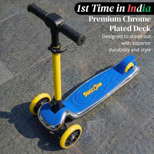Image of STREETJAM Kurbee Kids Kick Scooter for 3-12 Years, Dazzling Chrome-Finished Deck (1st Time in India), BIS Approved, Extra Wide Deck, Two-Tone Design, Up to 50 kg Load (Blue with Golden Yellow)