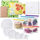HOMELUX THEORY Reusable Freezer Bags, 15Pcs Reusable Ziplock Bags Silicone Stretch Lids & Food Wraps, Leakproof Reusable Silicone Food Bag & Reusable Lunch Bag, Reusable Snack Bags & Sandwich Bag