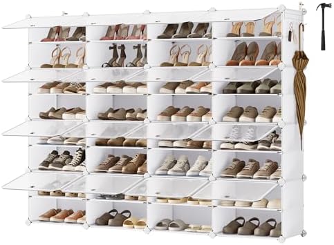 SONGMICS Schuhregal mit 16 Fächern, schmal, Schuhschrank mit Türen | 30 x 40 x 30 cm pro Fach, Stahl, PP-Kunststoff, ABS-Kunststoff, wolkenweiß, DAMION Kollektion LPC045WH01