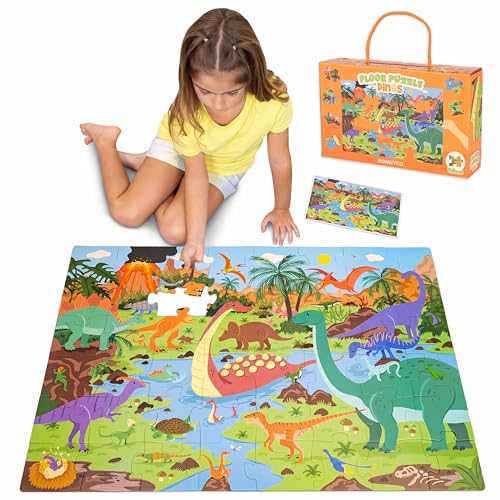 BONNYCO Puzzle Niños XXL de Dinosaurios con 48 Piezas Grandes. Rompecabezas Gigante Infantil de 92 x 62 cm, Regalos para Niños y Niñas. Juguetes Educativos 2 a 8 Años