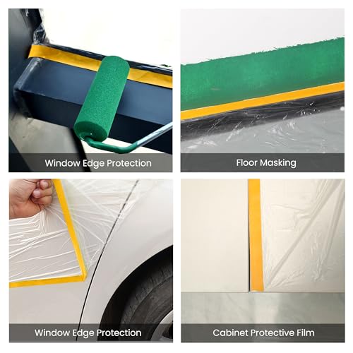 Image of Voomey Pre-Taped Masking Film with Dispenser, Painters Tape with Plastic Attached, Automotive Painters Tape and Drape for Appliances, Furniture, Wood Surfaces & DIY Projects - 1ft x 82ft