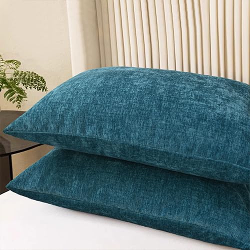 Image of CaliTime Pack of 2 Cozy Standard Pillow Shams Cases for Bed Bedding Decoration Solid Dyed Soft Chenille 20 X 26 Inches Ocean Blue