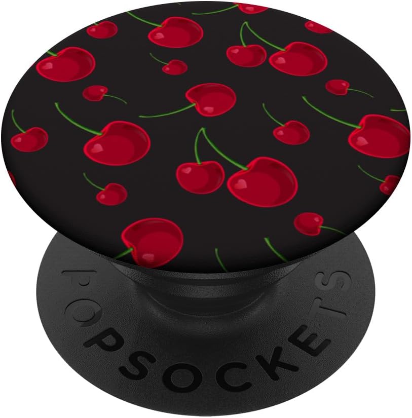 Cherry Cherries Pattern On Black Background Cute For Girls PopSockets Adhesive PopGrip