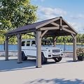 Aoxun 12' x 16' Outdoor Cedar Wood Carport, Heavy Duty Galvanized Steel Top Gazebo Car Port, All-Weather Permanent Wooden Pavilion Shelter for Car, Tractors