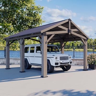 Aoxun 12' x 16' Outdoor Cedar Wood Carport, Heavy Duty Galvanized Steel Top Gazebo Car Port, All-Weather Permanent Wooden Pavilion Shelter for Car, Tractors