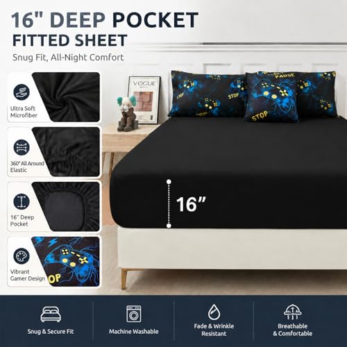 Image of ZRNBAST Gamer Bedding Set Queen Size, Blue Lightning Video Game Comforter Set with Sheets, 6 Pieces Bed in a Bag for Boys, Gamepad Gaming Bedrooom Bed Set(Blue,Queen)