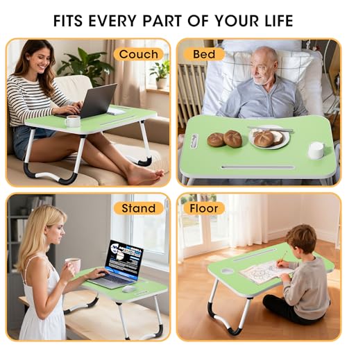 Image of Folding Lap Desk, 23.6 Inch Wood Laptop Bed Desk with Cup Holder, Portable Bed Table for Working Writing Reading & Eating for Bed, Sofa, Couch, Floor - Green