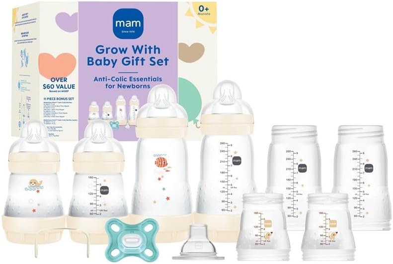 MAM Baby Gift Set, Best Pacifier & Baby Bottle for Breastfed Babies, Grow with Baby' Set, Unisex, 19Count, White, 5 oz. & 9 oz. Bottles