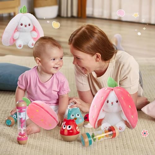 Image of VanityX Reversible Strawberry Bunny Soft Toy, Cute Plush Doll for Kids, 2-in-1 Stuffed Toy Pillow, Soft Toys for Baby Girls, Birthday Gift for Girlfriend, Girls Gift Items (Strawberry, 30cm)