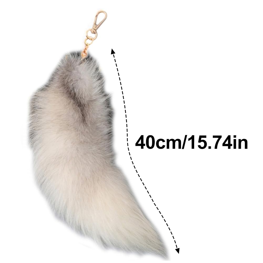 homeemoh Faux Animal Tail Keychain Fluffy Faux Fur Tail Pendant 15.75 Inch Long Tail Charms Keyring Holder for Handbag Backpack (Light Grey)