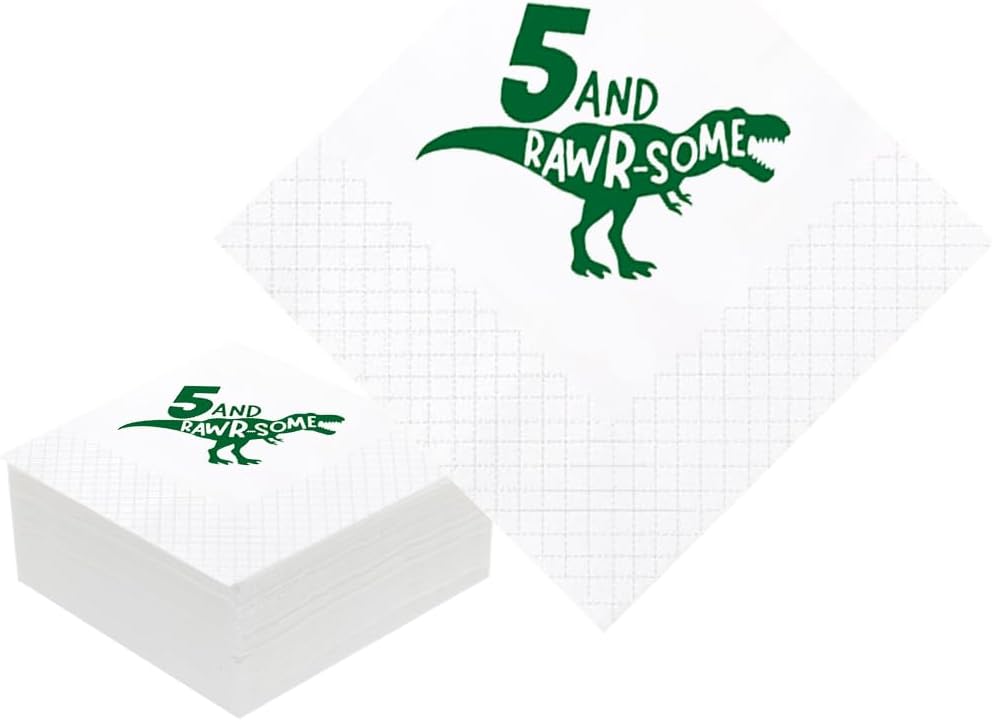 Dinosaur 5th Birthday Cocktail Napkins, 50 Pack Dinosaur 5 and Rawrsome Paper Cocktail Napkins in Bulk for Baby Boy Girl Fifty 5th Bday Table Decorations 2-Ply, 5x5 Inches (5 and Rawrsome)