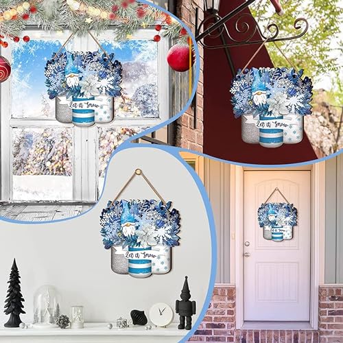 Image of ANGEL INFINITE inchLet It Snow inch Wooden Wall Hanging Decor | Blue Winter Gnomes & Snowflake Decorative Sign | Rustic Christmas Holiday Plaque for Home, Living Room & Entrance (30x30 cm)
