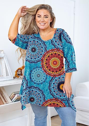 Auslook Plus Size Tunic Tops For Women 3/4 Sleeve Floral Mix Blue 4X Blouses Crewneck Clothes Flowy Clothing Loose Fit Babydoll Summer Fall Winter Maternity Shirts Wear With Leggings #TOP1