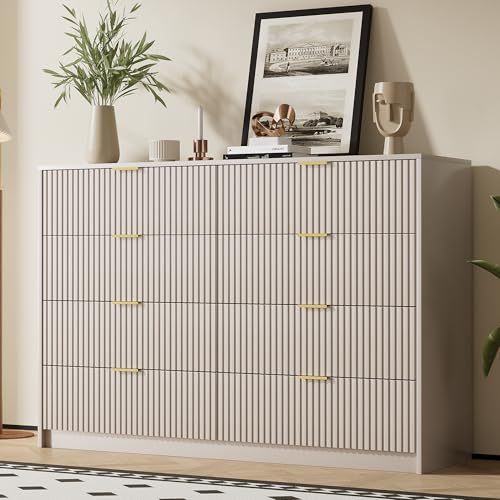 Image of Furniway Beige Dresser for Bedroom, Modern Dresser with 8 Drawers and Smooth Slides, Wide Chest of Drawers with Golden Handles for Bedroom, Closet, 15.7 inch D x 55 inch W x 37.4 inch H