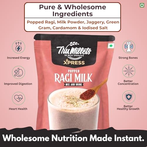 Image of Trumillets Xpress - Healthy Millet Drink - Instant Mix | Nutrition for Adults (Men & Women), Kids- Health, Strength and Energy| No Preservatives| Gluten Free| Popped Ragi Milk & Badam Milk (Pack of 2)