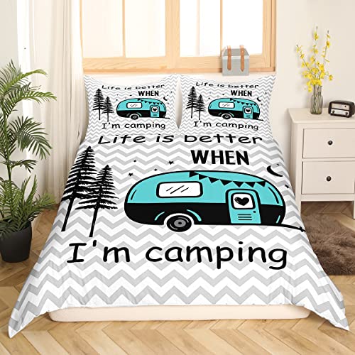 Kids Adults Camper Duvet Cover Set Queen,Rustic Natural Farmhouse Grey Bedding Set 3Pcs For Trailer Rv Decor,Moonlight Wild Adventure Comforter Cover,Sports Quilt Cover With 2 Pillowcases #TOP1