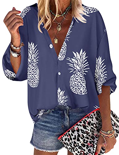 ZXZY Women Pineapple Printed Lapel Collar Half Sleeves Buttons Down Blouse Shirt (Blue, X-Large)