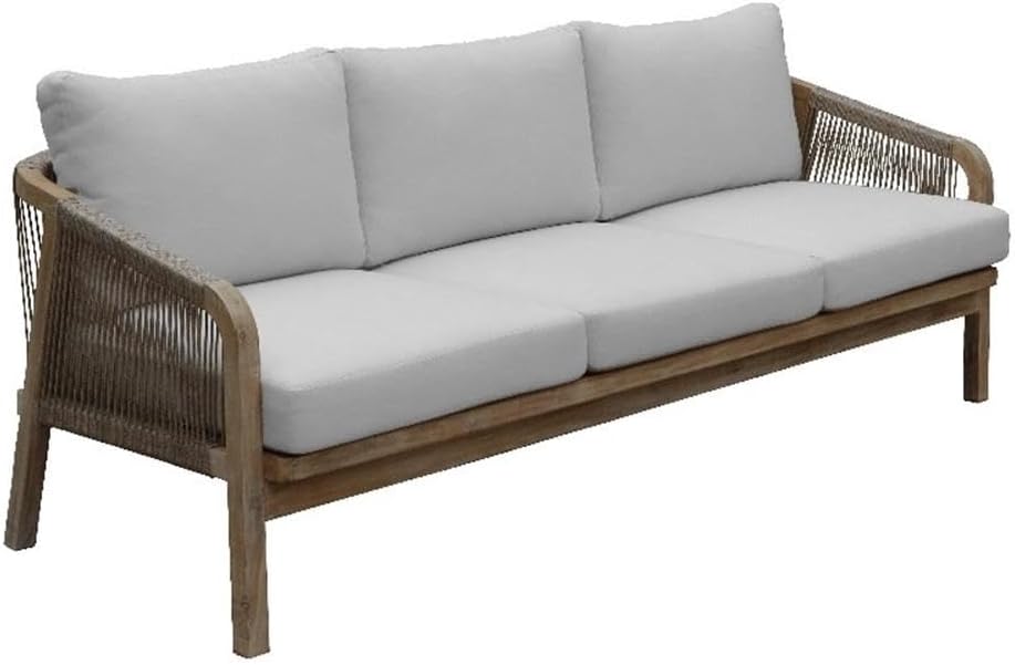 Pemberly Row Modern Acacia Wood Outdoor Sofa, Beige Finish, Three Seater, Rope Woven Accents, 7" Back Cushions & 5" Seat Cushions, 80" W x 32" D x 27" H, Durable Patio Seating