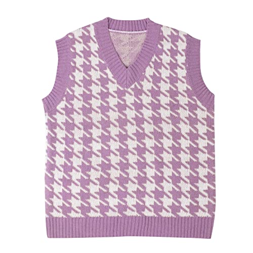 Oversized Sweater Vest Women Casual Vneck Houndstooth Knit Sweaters 2025 Fall Aesthetic Checkered Work Vests