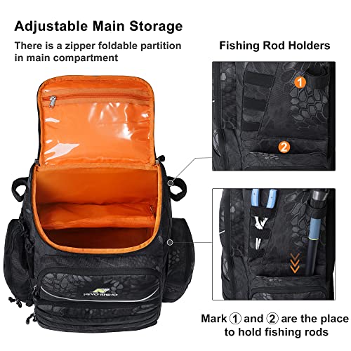 N NEVO RHINO Fishing Tackle Backpack with Rod Holders, 4 Tackle Boxes, 40L Large Storage Waterproof Fishing Bag for Fishing - Image 6