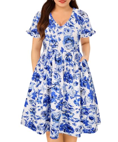 Image of RITERA Plus Size Dresses for Curvy Women Summer Spring Womens Dress V Neck Short Sleeve Casual Dress with Pockets XL-5XL