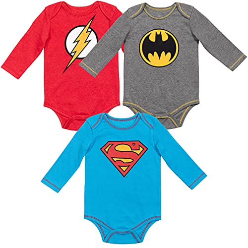 Warner Bros. Justice League Superman Batman Flash Baby Boys 3 Pack Long Sleeve Bodysuit 3-6 Months