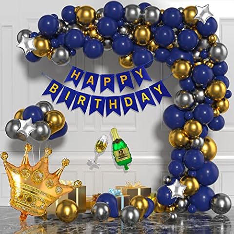 Birthday Decorations for Men, Blue Happy Birthday Decorations with Happy Birthday Banner, Different Sizes Blue Gold and Silver Balloons for Anniversary Graduation Theme Cover