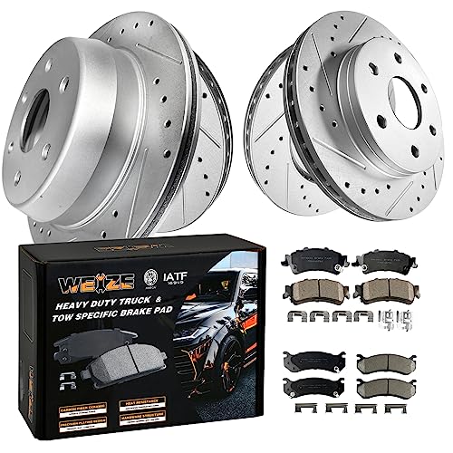 WEIZE Front and Rear Truck & Tow Brake Rotors Pads Kit, Carbon Fiber Ceramic Pads + Drilled Brake Discs, Fit for Chevy Silverado 1500/GMC Sierra 1999-2006, Only for Single Piston Rear Calipers