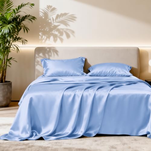 Image of Love's cabin Satin King Sheet Sets - 4 Piece Sky Blue Silky Sheets King Size Bed with Deep Pocket, Luxury Silk Feel King Size Satin Sheet Set (1 Flat Sheet,1 Fitted Sheet,2 Pillow Cases)