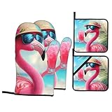 Sunglasses Flamingo Oven Mitts and Heat Resistant Pads - Heat Resistant Gloves Potholder Set of 4 for Cooking, BBQ, Gifts for Women