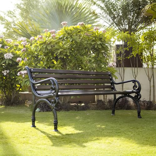 Image of Amazon Brand - Solimo Cast Iron 3 Seater Garden Bench | Durable Outdoor Park Bench for Balcony Patio Terrace, Living Room | Ideal Indoor and Outdoor Seating Furniture (Black)