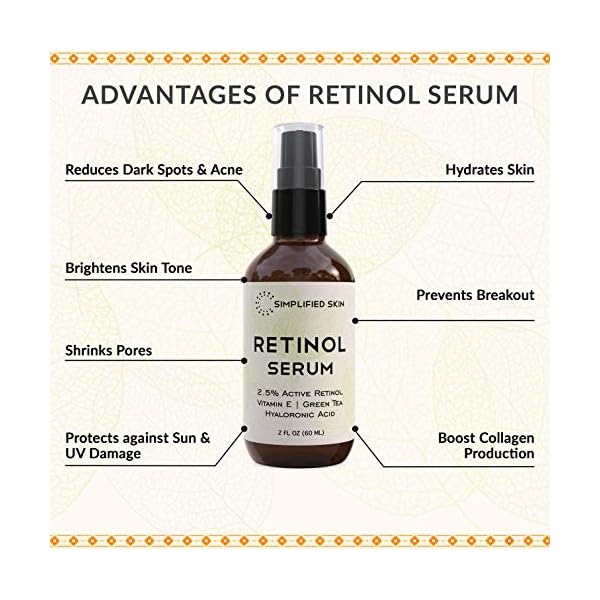 Retinol-Serum-25-for-Face-Eyes-2-oz-with-Vitamin-A-E-Hyaluronic-Acid-Green-Tea-for-Anti-Aging-Fine-Lines-Wrinkles-Best-Brightening-Facial-Serum-for-Day-Night-use-by-Simplified-Skin Retinol Serum for Face & Eyes with Vitamin E, A, Hyaluronic Acid & Green Tea for Anti-Aging, Fine Lines & Wrinkles - 2.5% Retinol Facial Serum for Day & Night - 2 Oz