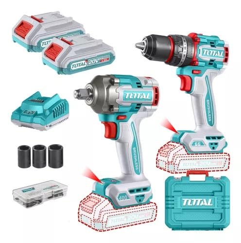 Super-Total Cordless 2 Pcs Brushless Combo Kit Impact Drill (66Nm) & Impact Wrench (400Nm) with 47 Accessories 2 Batteries 20v Charger & Case Ideal for Drilling Screwing and Automotive Work