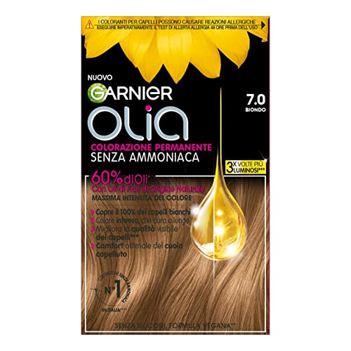 Garnier Olia Tinta Capelli, Colorazione Permanente Senza Ammoniaca, Copre il 100% dei Capelli Bianchi, Con Oli di Fiore di Origine Naturale, Formula Vegana, Biondo