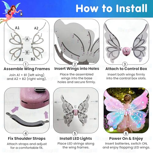 Image of Kidology Electric Butterfly Wings for Girls 3+ Years | LED Light-Up Moving Magical Fairy Wings with Music | Princess Costume Accessory for Halloween, Christmas & Birthday Parties