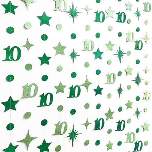 Image of Green 10th Birthday Decorations Number 10 Circle Dot Star Garland Glitter Streamer Banner Backdrop for Girls Boys Double Digits Cheers to 10 Years Old Birthday 10th Anniversary Party Supplies