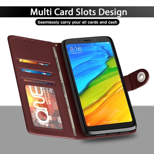 Image of Pikkme Flip Cover Leather Finish | Inside TPU with Card Pockets | Wallet Stand and Shock Proof | Complete Protection Button Flip Case for Redmi Note 5 (Brown)