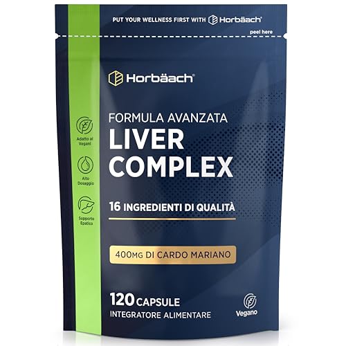 Liver Complex | con Cardo Mariano, Estratto di Carciofo, Radice di Tarassaco, Curcuma, Vitamina C, D e Altro | 120 Capsule Vegane | Integratore Depurativo Fegato | Funzione Epatica | Horbaach
